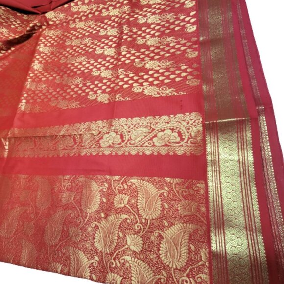 Red Saree with Gold Accents- Unstitched- NEW - Picture 12 of 15